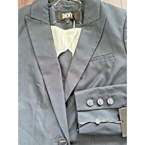 DKNY Women's Petite One-Button Blazer Cotton Zip-Pockets Formal Jacket Navy 4P - Picture 7 of 13